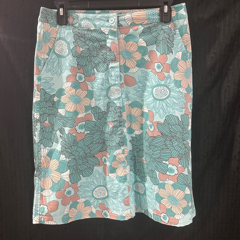 Fransa Blue Green Floral Cotton Pencil Skirt Women Office Workwear Size M